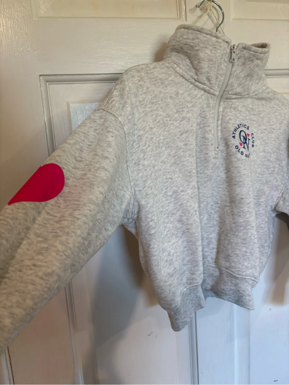 Old Navy Gray Half-Zip Sweatshirt with Pink Heart Elbow Patches